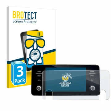 Front side of a product packaging with the brand logo BROTECT. Next to it is the device Skoda Bolero 2020 Infotainment System 
