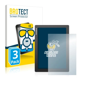 Front side of a product packaging with the brand logo BROTECT. Next to it is the device PocketBook InkPad Lite shown with the 