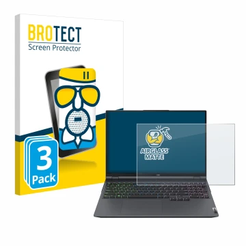 Front side of a product packaging with the brand logo BROTECT. Next to it is the device Lenovo Legion 5 Pro shown with the cor