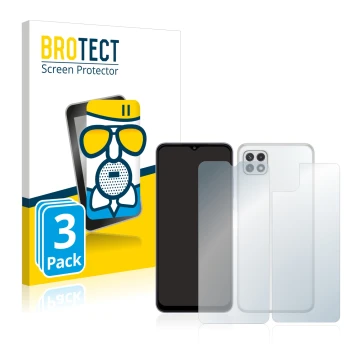 Front side of a product packaging with the brand logo BROTECT. Next to it is the device Samsung Galaxy A22 5G (Front+Back) sho