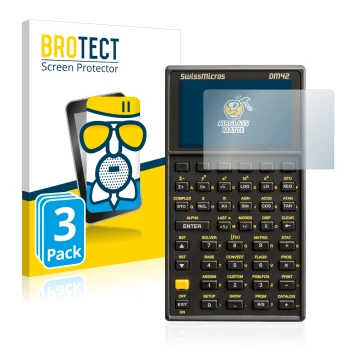 Front side of a product packaging with the brand logo BROTECT. Next to it is the device SwissMicros DM42 shown with the corres