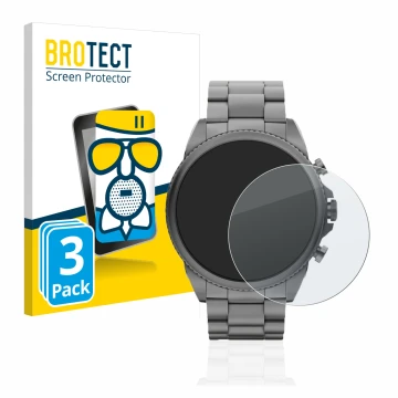 Front side of a product packaging with the brand logo BROTECT. Next to it is the device Fossil Gen 6 (44mm) shown with the cor