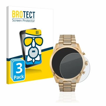 Front side of a product packaging with the brand logo BROTECT. Next to it is the device Michael Kors Access Gen 6 Bradshaw sho