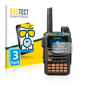 Front side of a product packaging with the brand logo BROTECT. Next to it is the device Yaesu FT-70DR shown with the correspon