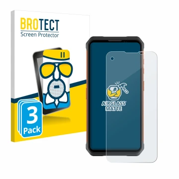 Front side of a product packaging with the brand logo BROTECT. Next to it is the device Doogee V10 shown with the correspondin