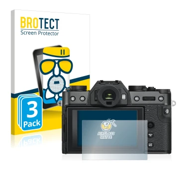 Front side of a product packaging with the brand logo BROTECT. Next to it is the device Fujifilm X-T30 ll shown with the corre