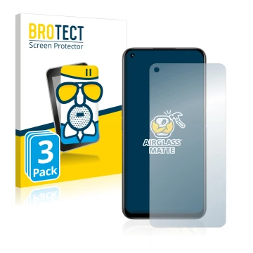 Front side of a product packaging with the brand logo BROTECT. Next to it is the device realme 8i shown with the corresponding