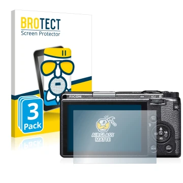 Front side of a product packaging with the brand logo BROTECT. Next to it is the device Ricoh GR IIIx shown with the correspon