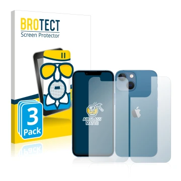 Front side of a product packaging with the brand logo BROTECT. Next to it is the device Apple iPhone 13 mini (Front+Back) show