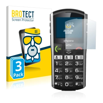 Front side of a product packaging with the brand logo BROTECT. Next to it is the device Emporia Simplicity shown with the corr