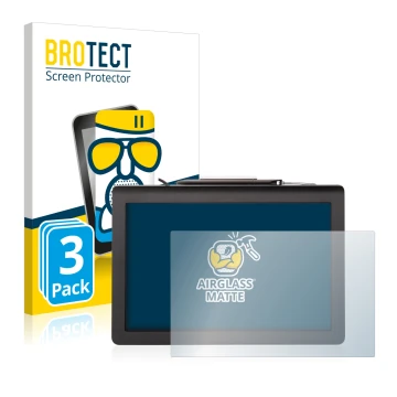 Front side of a product packaging with the brand logo BROTECT. Next to it is the device Signotec Pen Display Delta (Touch) sho