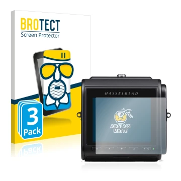 Front side of a product packaging with the brand logo BROTECT. Next to it is the device Hasselblad 907X 50C shown with the cor