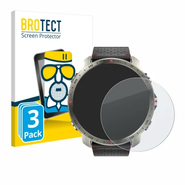 Front side of a product packaging with the brand logo BROTECT. Next to it is the device Polar Grit X Pro Titan shown with the 