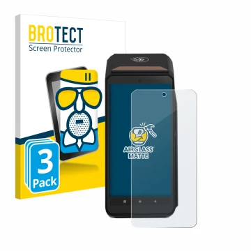 Front side of a product packaging with the brand logo BROTECT. Next to it is the device ingenico Axium DX8000 shown with the c