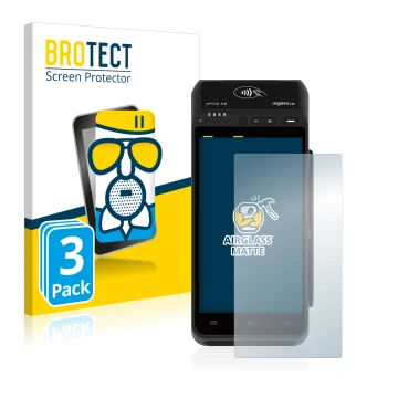 Front side of a product packaging with the brand logo BROTECT. Next to it is the device ingenico Apos A8 shown with the corres