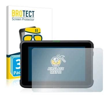 Front side of a product packaging with the brand logo BROTECT. Next to it is the device Atomos Shinobi 7 shown with the corres