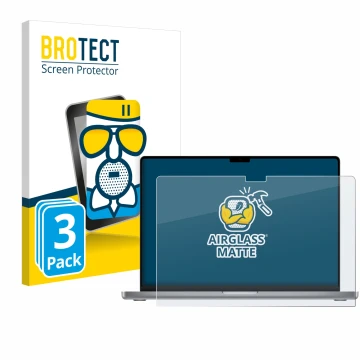 Front side of a product packaging with the brand logo BROTECT. Next to it is the device Apple MacBook Pro 16