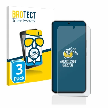 Front side of a product packaging with the brand logo BROTECT. Next to it is the device Samsung Galaxy S22 5G shown with the c