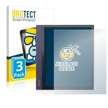 Front side of a product packaging with the brand logo BROTECT. Next to it is the device Boox Note Air 2 shown with the corresp