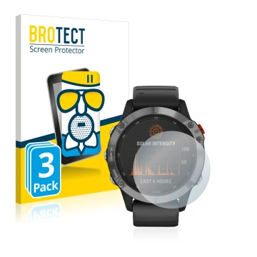 Front side of a product packaging with the brand logo BROTECT. Next to it is the device Garmin Fenix 6 Solar shown with the co