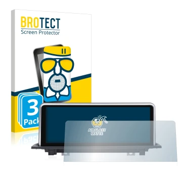 Front side of a product packaging with the brand logo BROTECT. Next to it is the device Dynavin BMW X1 F48, F49 (+2015) NBT sh