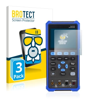 Front side of a product packaging with the brand logo BROTECT. Next to it is the device Owon HDS 200 Series shown with the cor
