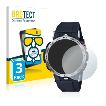 Front side of a product packaging with the brand logo BROTECT. Next to it is the device Casio Pro Trek PRW-30-1AER shown with 
