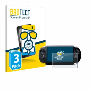 Front side of a product packaging with the brand logo BROTECT. Next to it is the device Sony Playstation PS Vita shown with th