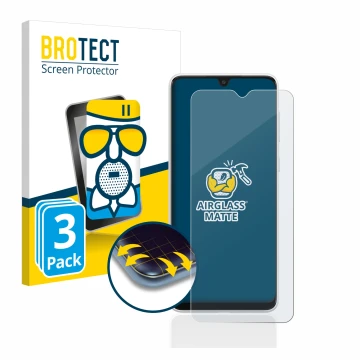 Front side of a product packaging with the brand logo BROTECT. Next to it is the device Samsung Galaxy A03 shown with the corr