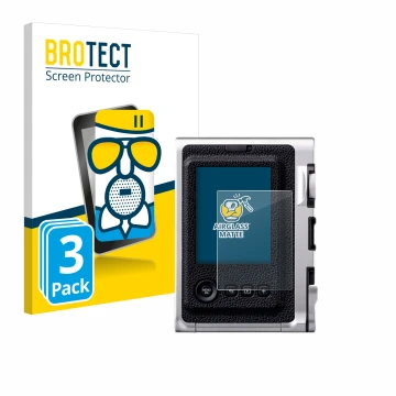 Front side of a product packaging with the brand logo BROTECT. Next to it is the device Fujifilm Instax Mini Evo shown with th