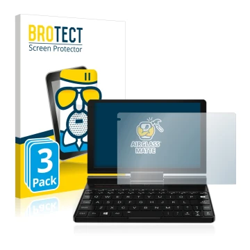 Front side of a product packaging with the brand logo BROTECT. Next to it is the device GPD Pocket 3 shown with the correspond
