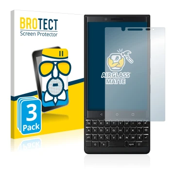 Front side of a product packaging with the brand logo BROTECT. Next to it is the device BlackBerry Key2 (Dual Sim) shown with 