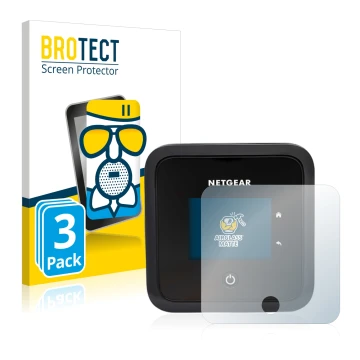 Front side of a product packaging with the brand logo BROTECT. Next to it is the device Netgear Nighthawk M5 shown with the co