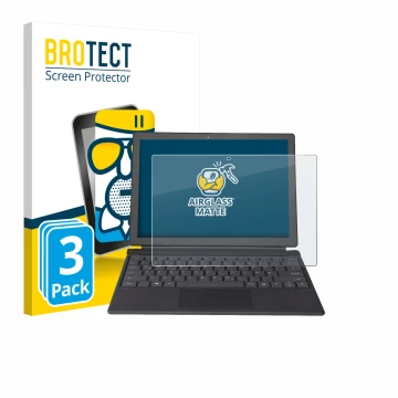 Front side of a product packaging with the brand logo BROTECT. Next to it is the device Wortmann Terra Pad 1262 shown with the