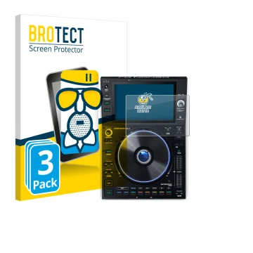 Front side of a product packaging with the brand logo BROTECT. Next to it is the device Denon DJ SC6000 Prime shown with the c