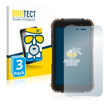 Front side of a product packaging with the brand logo BROTECT. Next to it is the device Doogee S35T shown with the correspondi