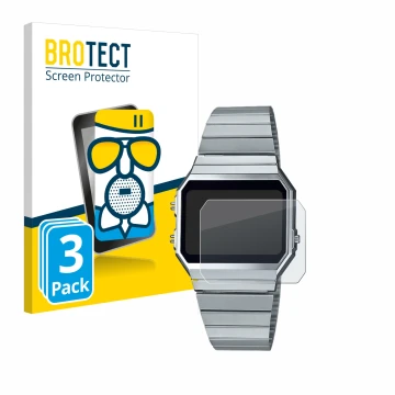Front side of a product packaging with the brand logo BROTECT. Next to it is the device Casio A700WE shown with the correspond