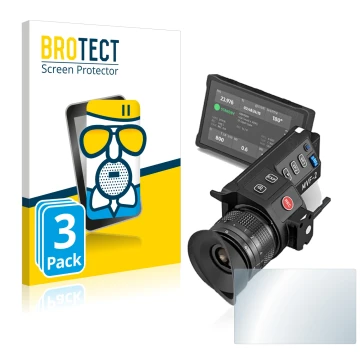 Front side of a product packaging with the brand logo BROTECT. Next to it is the device Arri MVF-2 shown with the correspondin