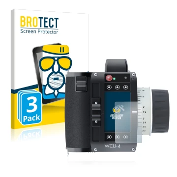 Front side of a product packaging with the brand logo BROTECT. Next to it is the device Arri WCU-4 shown with the correspondin