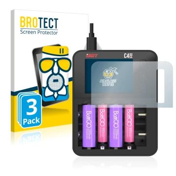 Front side of a product packaging with the brand logo BROTECT. Next to it is the device ISDT C4 Evo shown with the correspondi