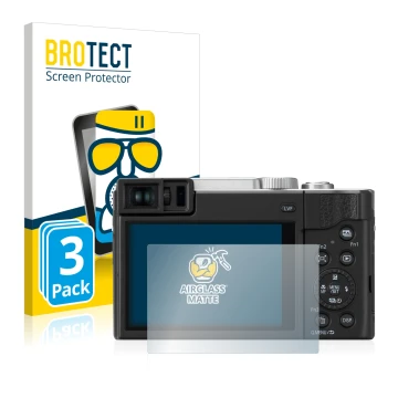 Front side of a product packaging with the brand logo BROTECT. Next to it is the device Panasonic Lumix DC-TZ95 shown with the