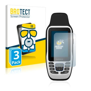 Front side of a product packaging with the brand logo BROTECT. Next to it is the device Garmin GPSMAP 79s shown with the corre