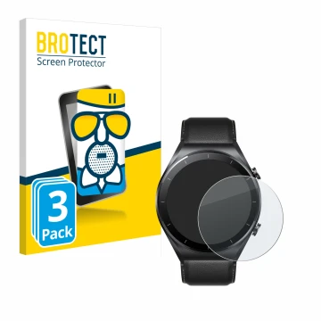 Front side of a product packaging with the brand logo BROTECT. Next to it is the device Xiaomi Watch S1 shown with the corresp