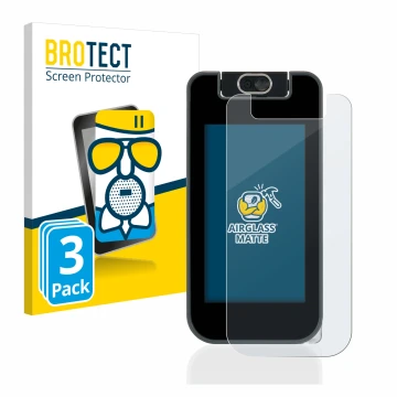 Front side of a product packaging with the brand logo BROTECT. Next to it is the device Vtech Kidicom Advance 3.0 shown with t