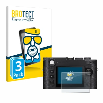 Front side of a product packaging with the brand logo BROTECT. Next to it is the device Leica M11 shown with the corresponding