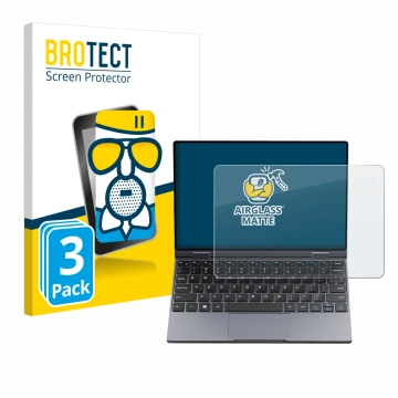 Front side of a product packaging with the brand logo BROTECT. Next to it is the device Chuwi MiniBook X shown with the corres