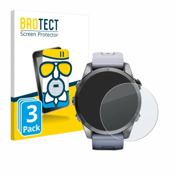 Front side of a product packaging with the brand logo BROTECT. Next to it is the device Garmin Fenix 7S (42 mm) shown with the