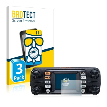 Front side of a product packaging with the brand logo BROTECT. Next to it is the device Yaesu FTM-300DE shown with the corresp