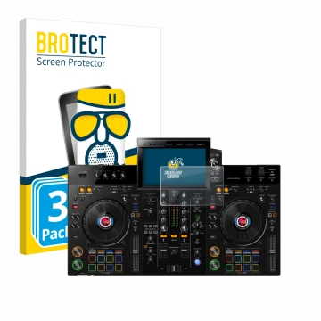 Front side of a product packaging with the brand logo BROTECT. Next to it is the device Pioneer XDJ-RX3 shown with the corresp