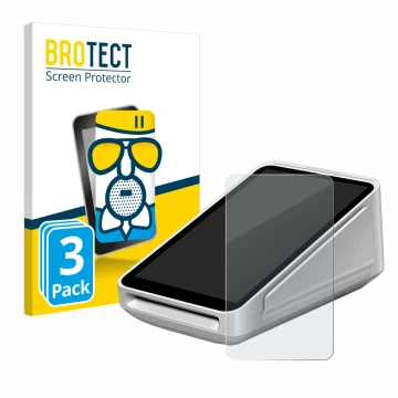 Front side of a product packaging with the brand logo BROTECT. Next to it is the device Square Terminal shown with the corresp